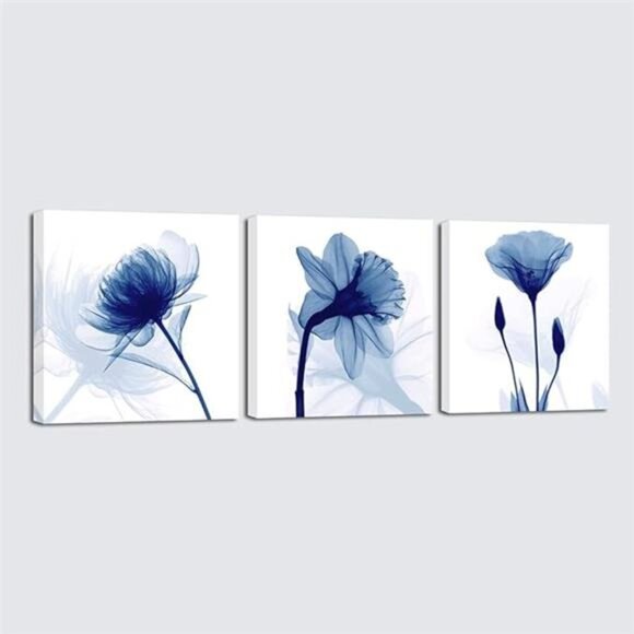 Art Blue Abstract Flowers 3 Panels Giclee Canvas Prints Wall Art Modern - Picture 7 of 14